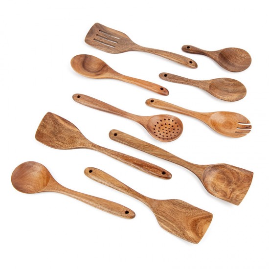 Wholesale Custom Cheap Natural Acacia Wooden Slot Spoons & Spatula Cooking Utensils sets for Kitchenware