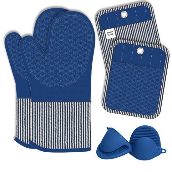 Blue Silicone Stripe Oven Mitt Pot Holder Set Kitchen Baking Cooking Heat Resistant Chef Oven Glove Set