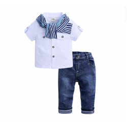 2021 New summer hot sell children clothing Boys' short sleeve T-shirt + jeans + scarf three piece suit boy set