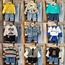 Autumn Children's Clothing Baby Set Wholesale Sweater Plaid Shirt Set Boys' Jeans Children's Cloth Set British Style