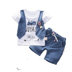 0-4 Years Two Piece Cartoon Plaid Short Sleeved Gentleman British Style Baby Boys Cloths