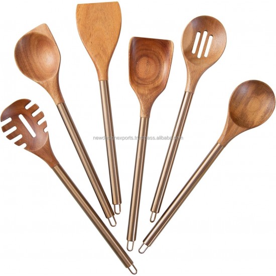 Wooden Cooking Utensils w/Metal Handle Kitchen Utensil Cooking Set of 6 Wooden Spoons Spatula Set, 14" Long Cooking Gadgets