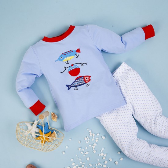 Vibrant Light Blue Boys Clothes-Fish Boy Appliqued Long Set 100% Cotton for Babies and Children OEM ODM made in Vietnam - BB1910